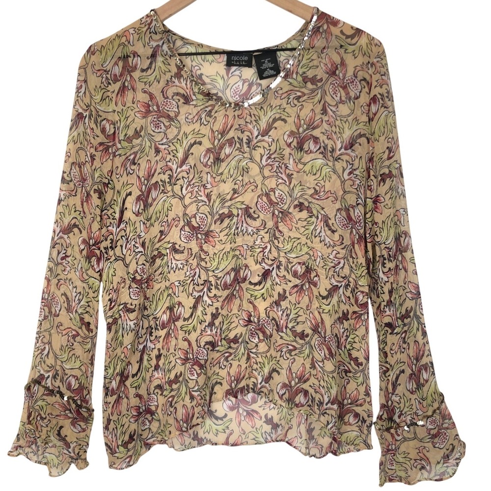 Nicole Miller Women's Floral Long-Sleeve Blouse - Beige/Multi